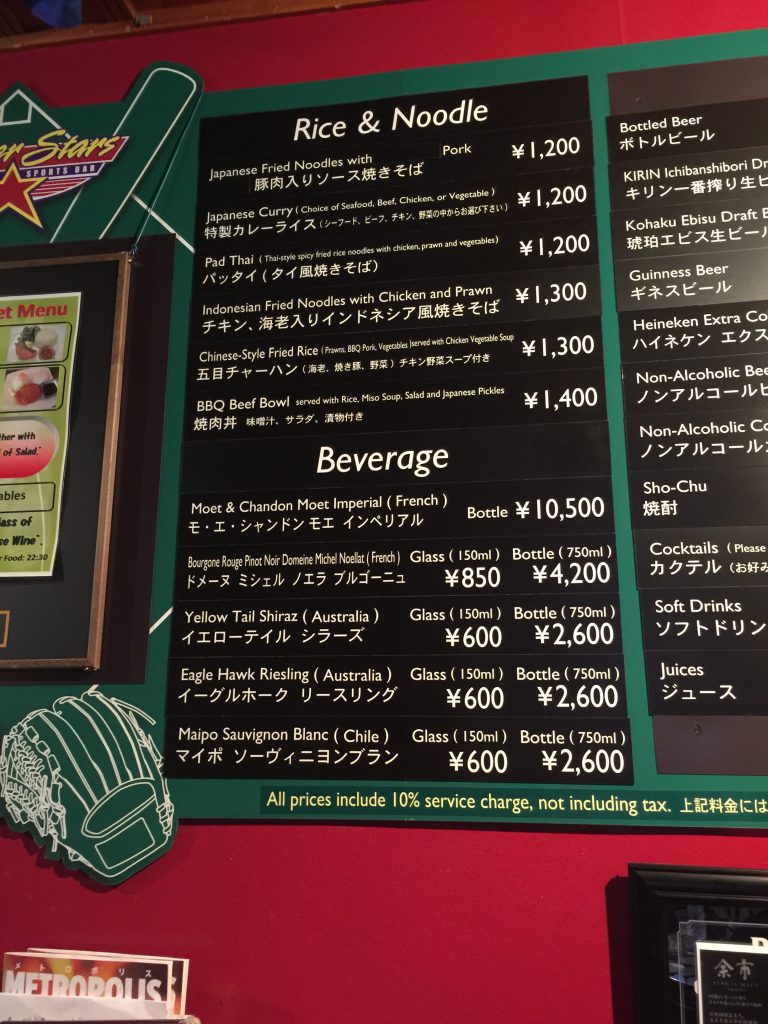 Radisson Narita - Super Stars Sports Bar - menu