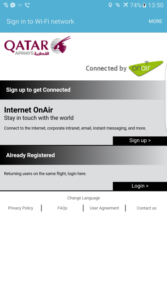 Klasa Biznes Qatar Airways B787 Dreamliner – panel logowania do sieci Wi-Fi