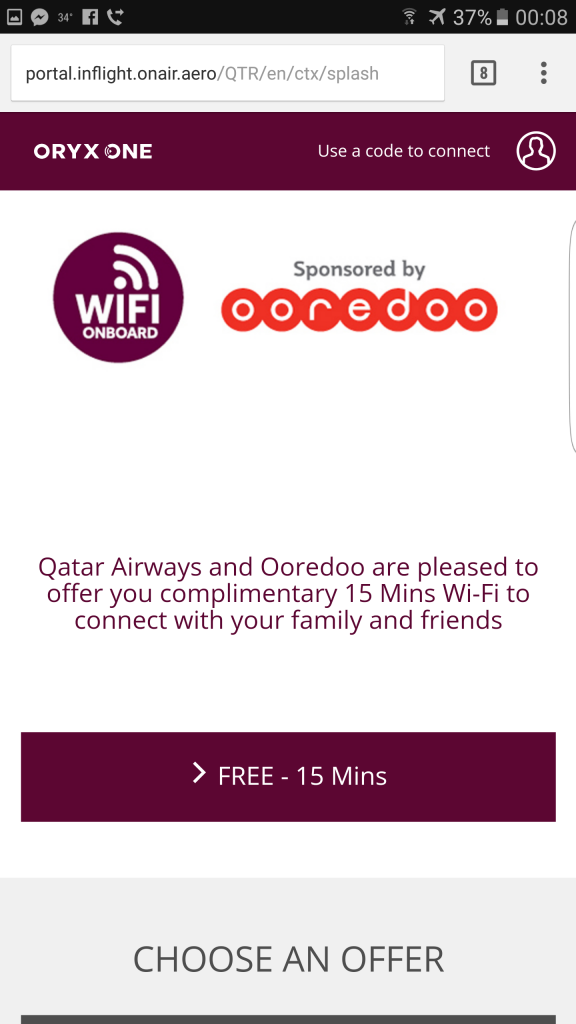 Qatar Airways A380 - panel logowania do sieci Wi-Fi