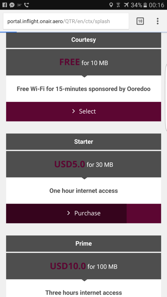 Qatar Airways A380 - panel logowania do sieci Wi-Fi