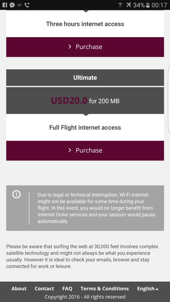 Qatar Airways A380 - panel logowania do sieci Wi-Fi